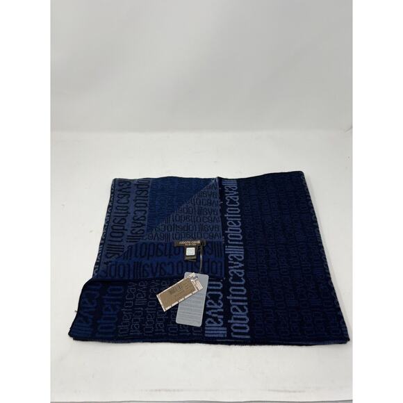 Roberto Cavalli Cravatte S90 Blue‎ Scarf Logomania Spellout NWT
